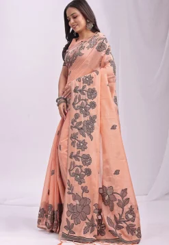 Woven Linen Cotton Saree in Pastel Orange