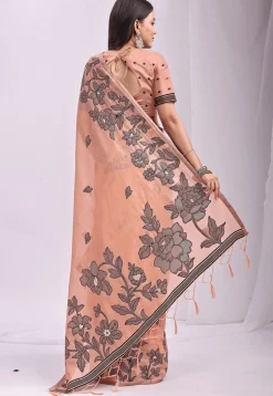 Woven Linen Cotton Saree in Pastel Orange