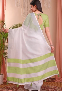 Woven Linen Cotton Saree in Off White