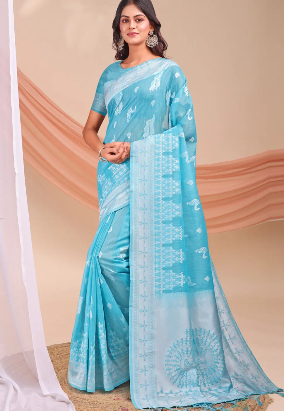 Woven Linen Cotton Saree in Blue