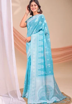 Woven Linen Cotton Saree in Blue