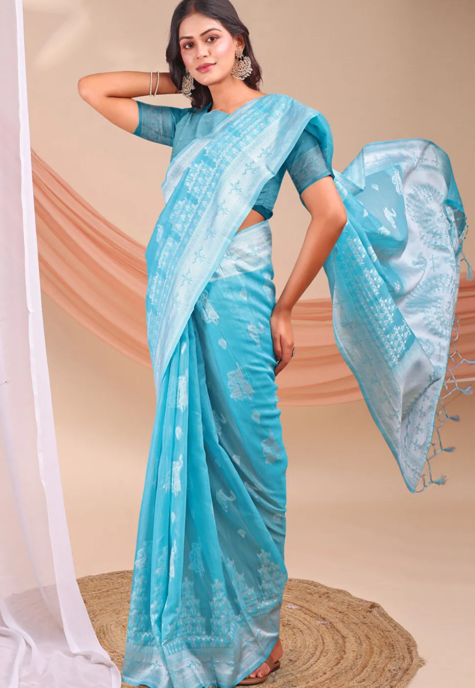 Woven Linen Cotton Saree in Blue