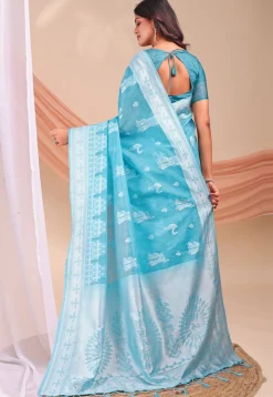 Woven Linen Cotton Saree in Blue