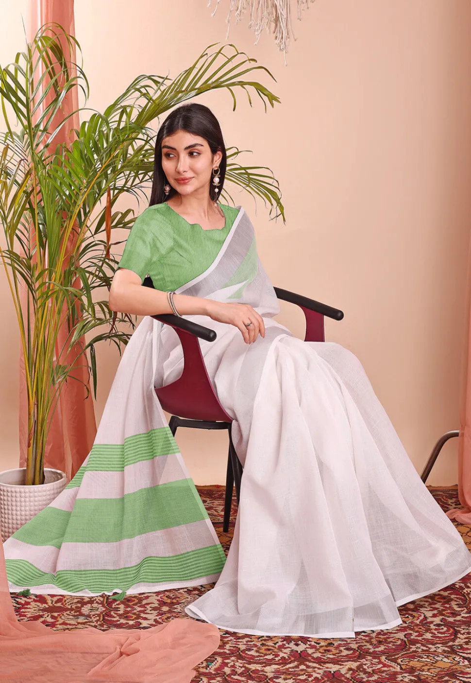 Woven Linen Cotton Saree in Off White