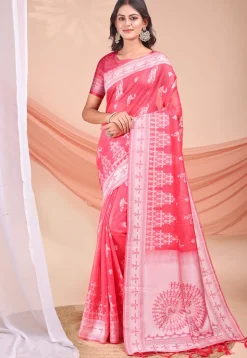 Woven Linen Cotton Saree in Pink