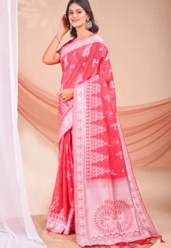 Woven Linen Cotton Saree in Pink