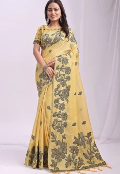 Woven Linen Cotton Saree in Yellow