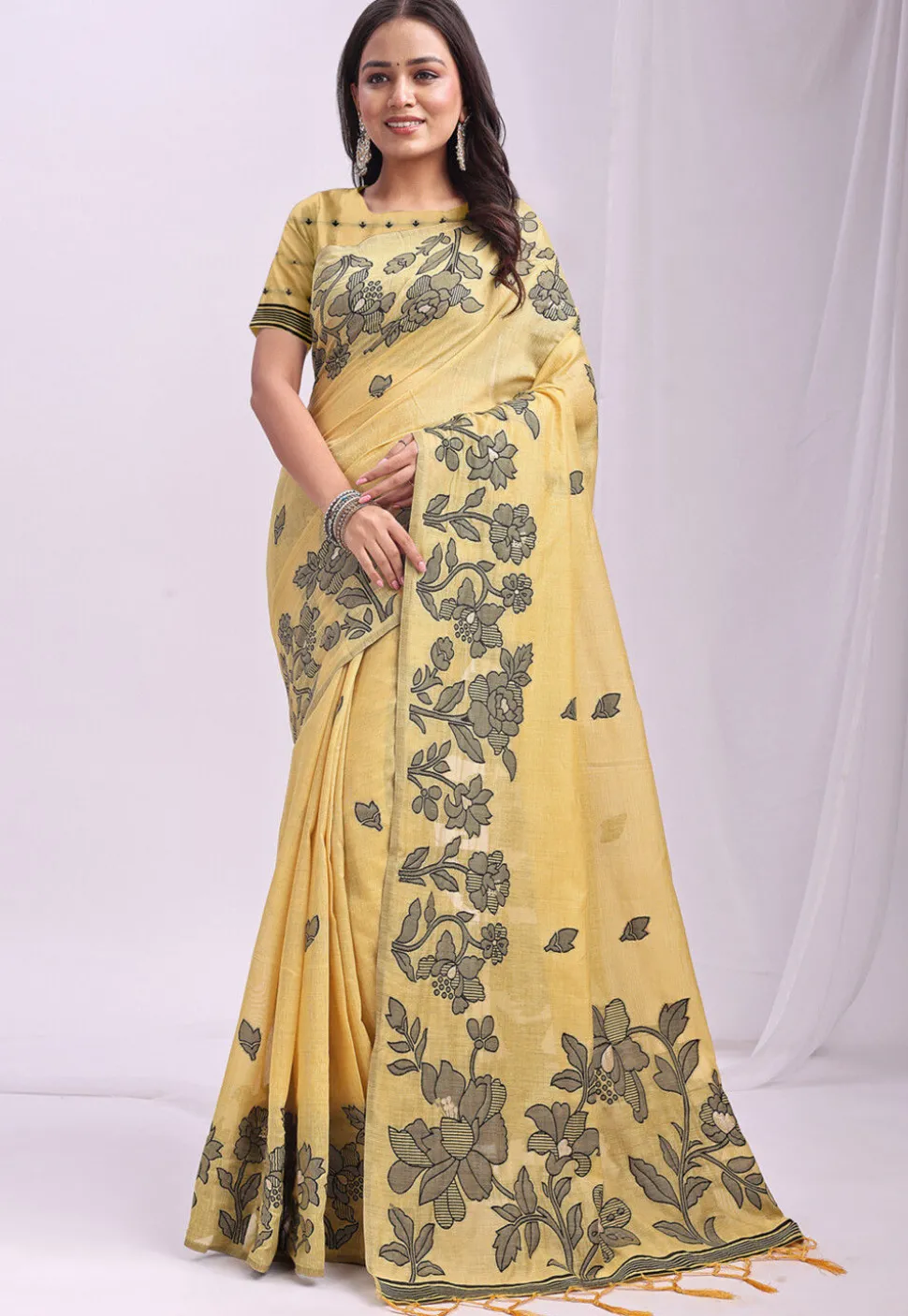 Woven Linen Cotton Saree in Yellow