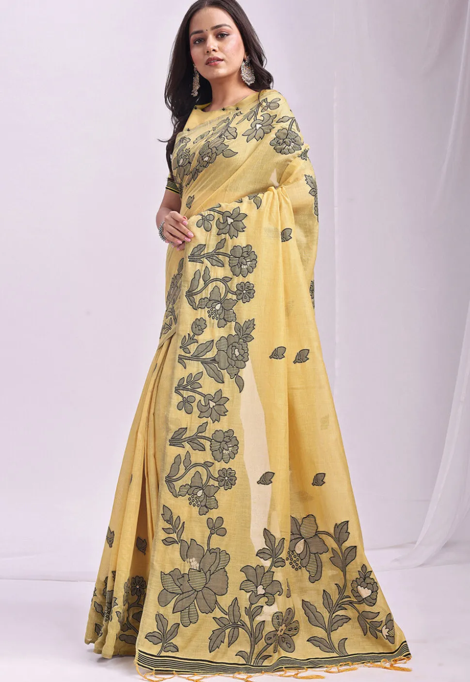 Woven Linen Cotton Saree in Yellow