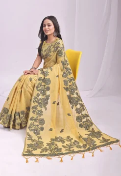 Woven Linen Cotton Saree in Yellow