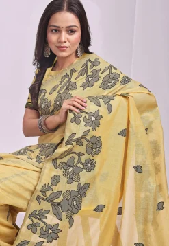 Woven Linen Cotton Saree in Yellow
