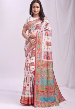 Woven Linen Cotton Saree in White