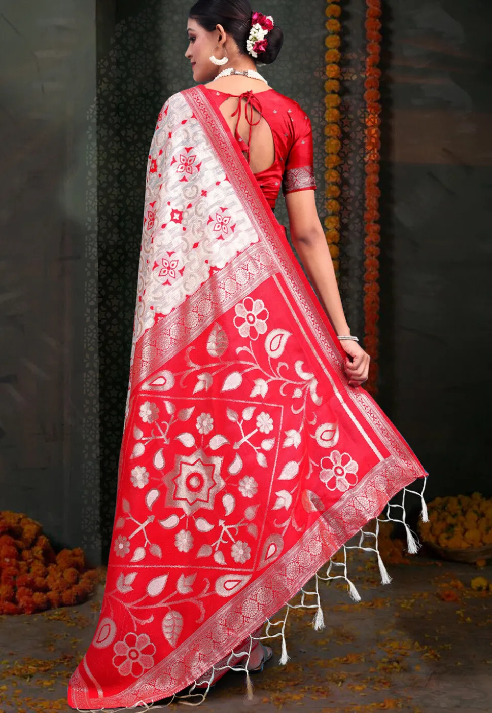 Woven Linen Cotton Saree in White