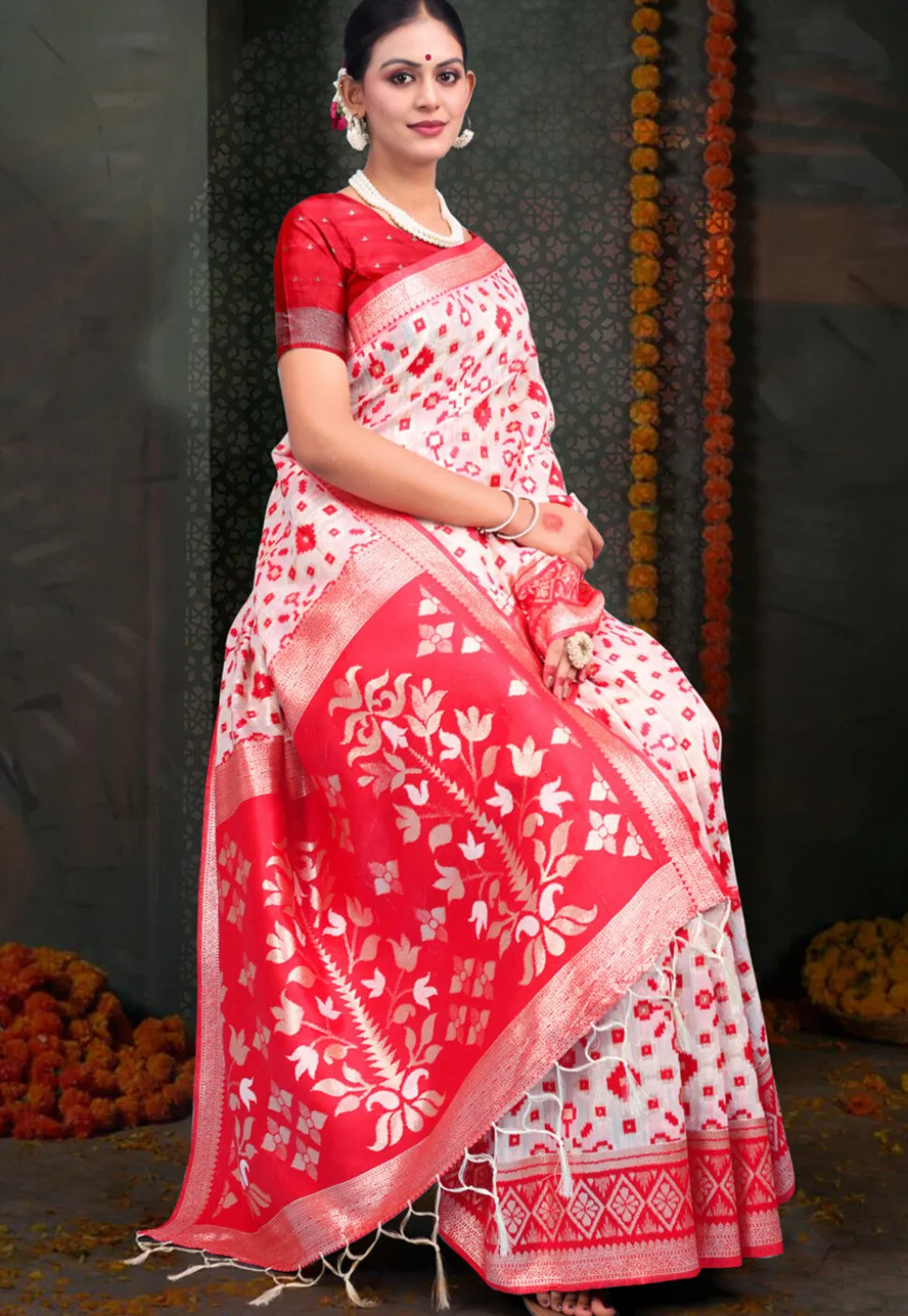 Woven Linen Cotton Saree in White