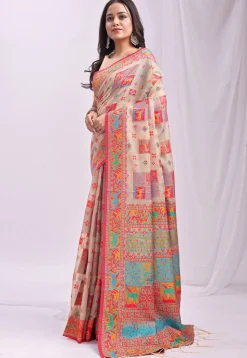 Woven Linen Cotton Saree in Light Beige