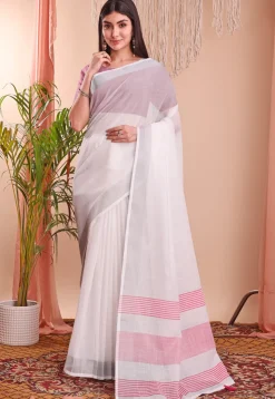 Woven Linen Cotton Saree in Off White