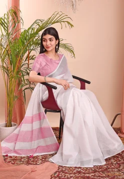 Woven Linen Cotton Saree in Off White