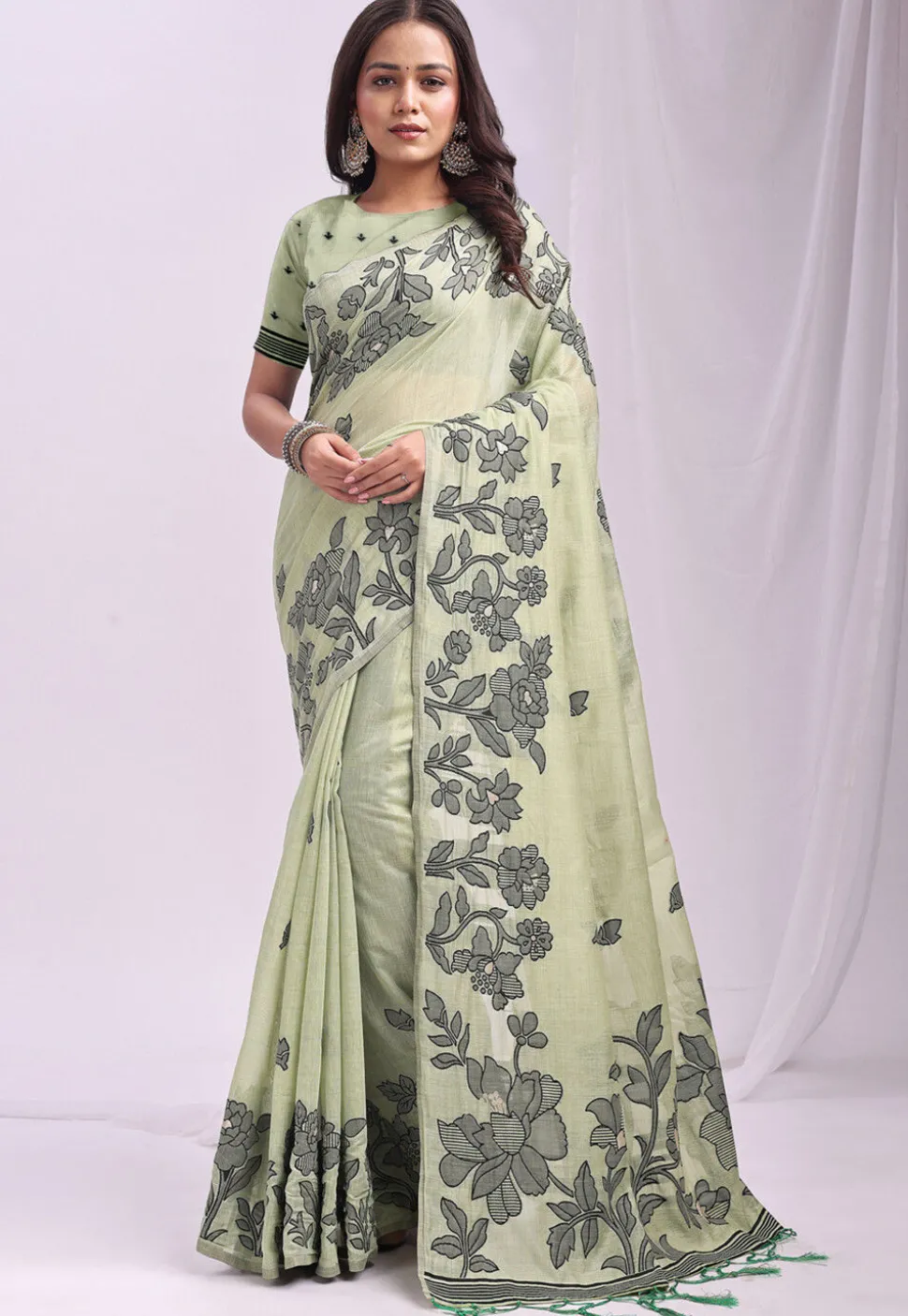 Woven Linen Cotton Saree in Light Green