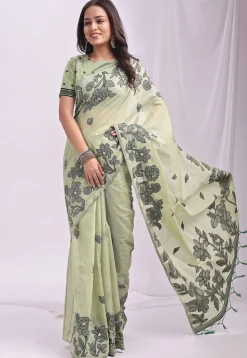 Woven Linen Cotton Saree in Light Green