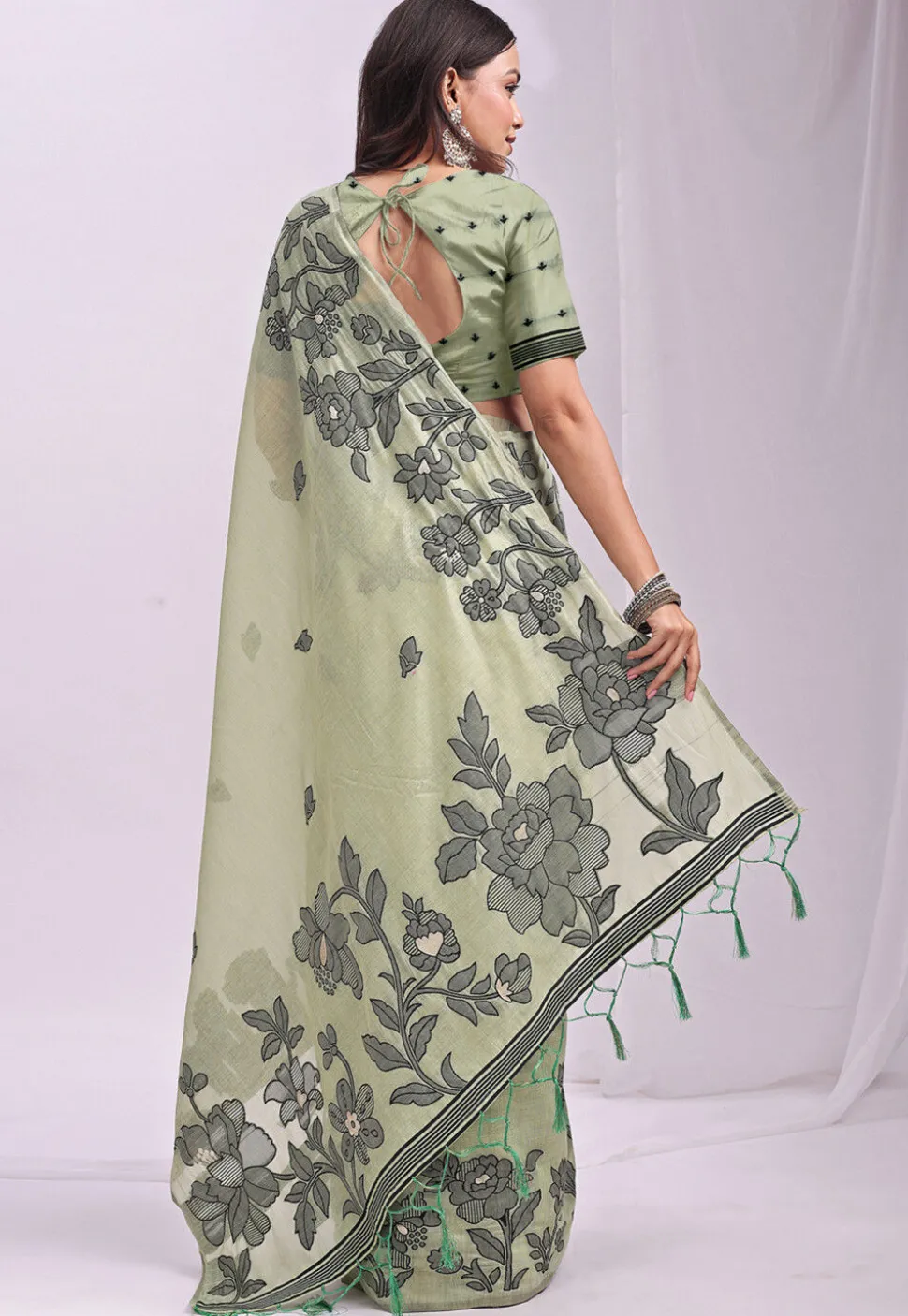 Woven Linen Cotton Saree in Light Green