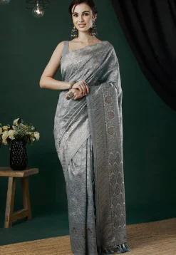 Woven Linen Saree in Grey