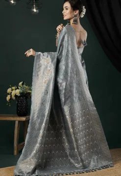 Woven Linen Saree in Grey