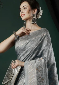 Woven Linen Saree in Grey