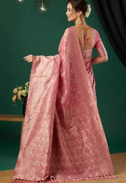 Woven Linen Saree in Pink