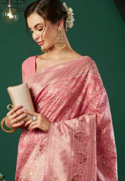 Woven Linen Saree in Pink