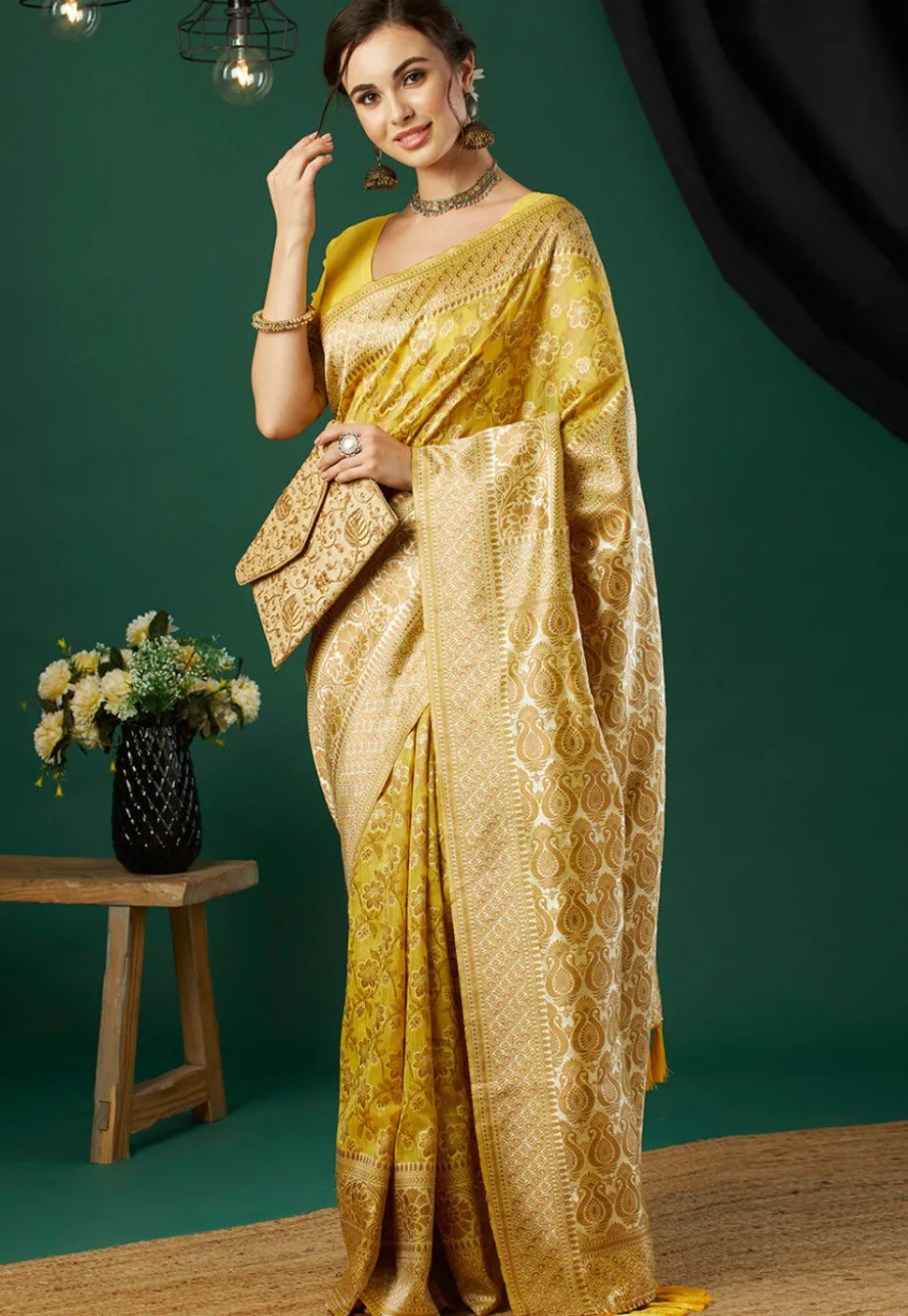 Woven Linen Saree in Yellow
