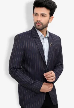 Woven Linen Silk Blazer in Blue and Golden