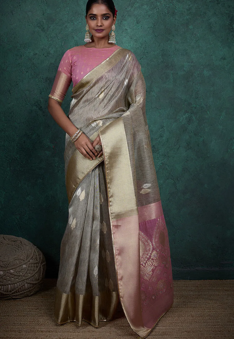 Woven Linen Silk Saree in Light Grey
