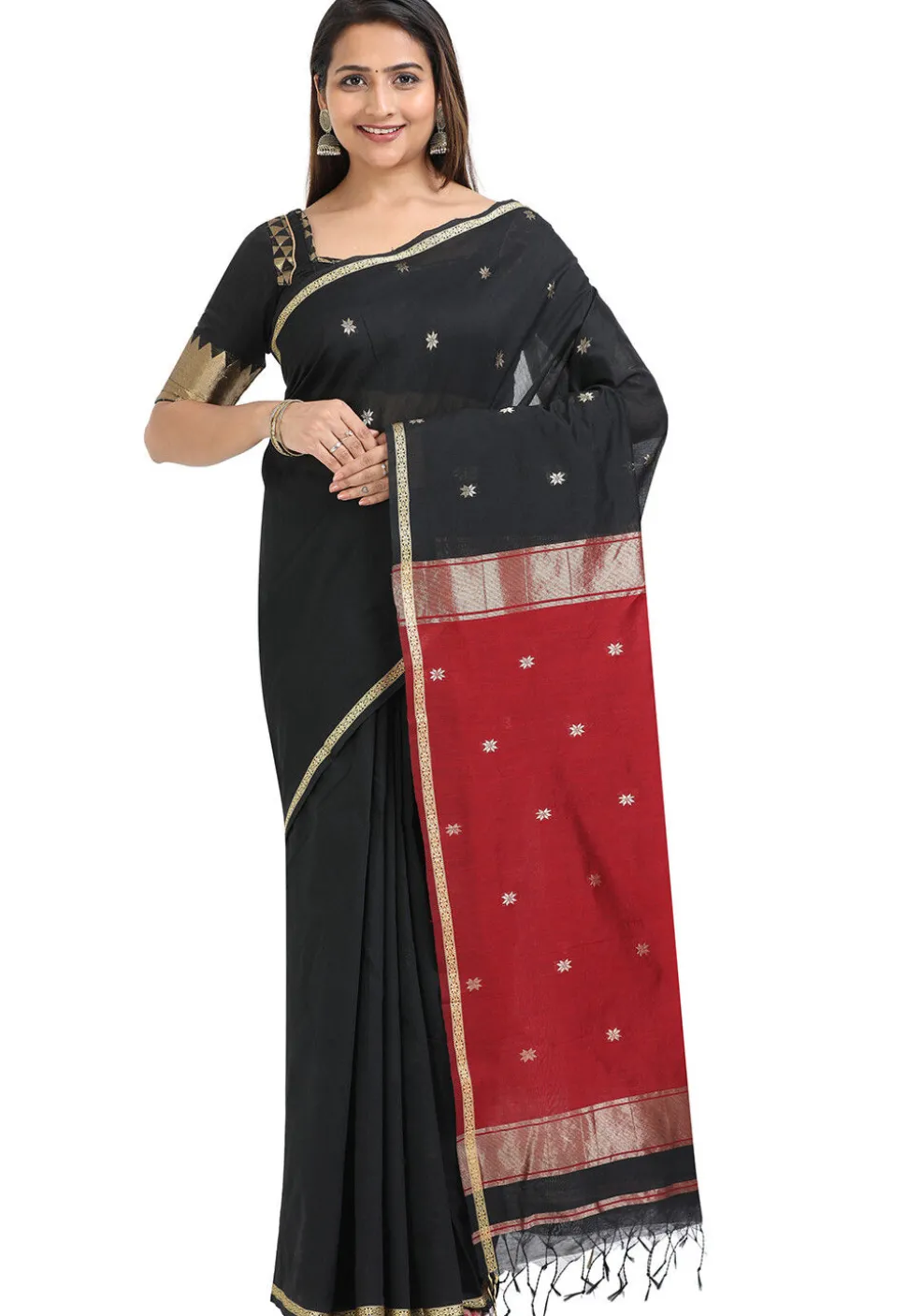 Woven Maheshwari Cotton Saree in Black