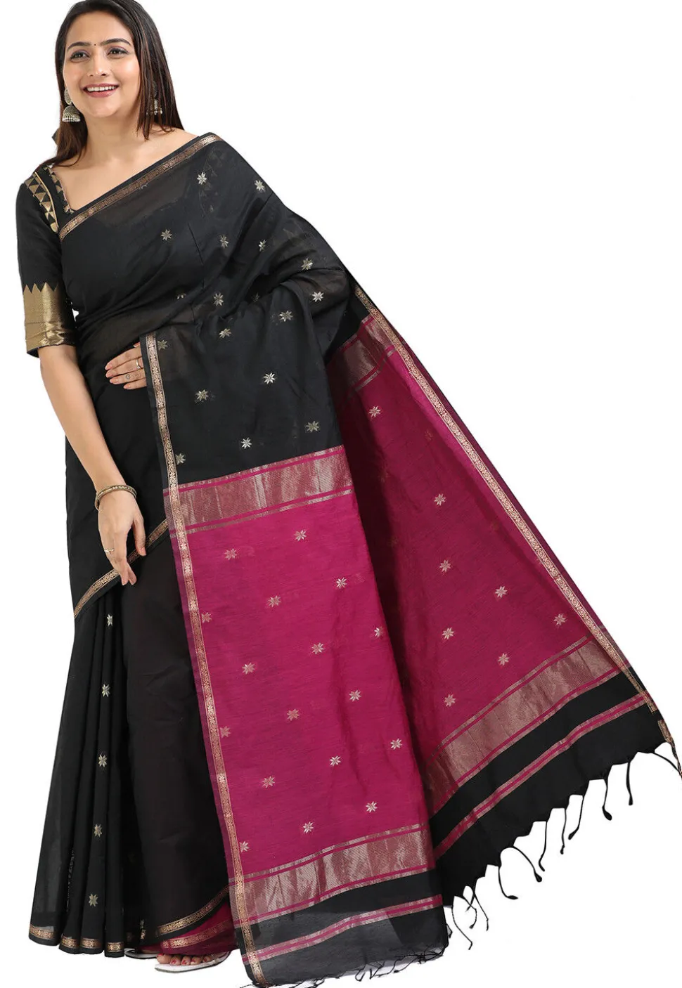 Woven Maheshwari Cotton Saree in Black