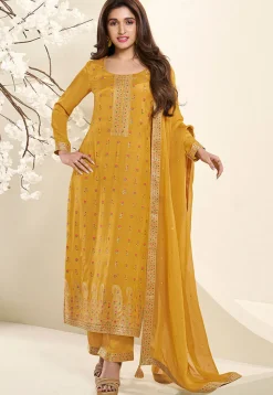 Woven Muslin Silk Jacquard Pakistani Suit in Mustard
