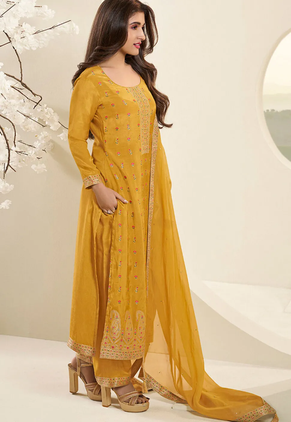 Woven Muslin Silk Jacquard Pakistani Suit in Mustard