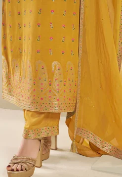 Woven Muslin Silk Jacquard Pakistani Suit in Mustard