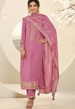 Woven Muslin Silk Jacquard Pakistani Suit in Pink