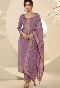 Woven Muslin Silk Jacquard Pakistani Suit in Purple