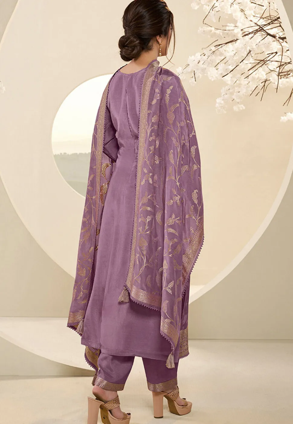 Woven Muslin Silk Jacquard Pakistani Suit in Purple