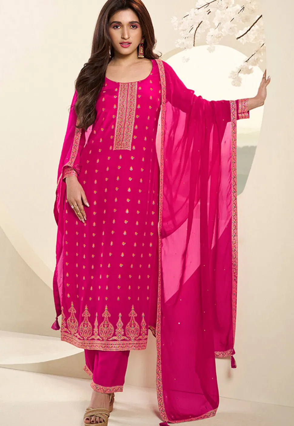 Woven Muslin Silk Pakistani Suit in Fuchsia