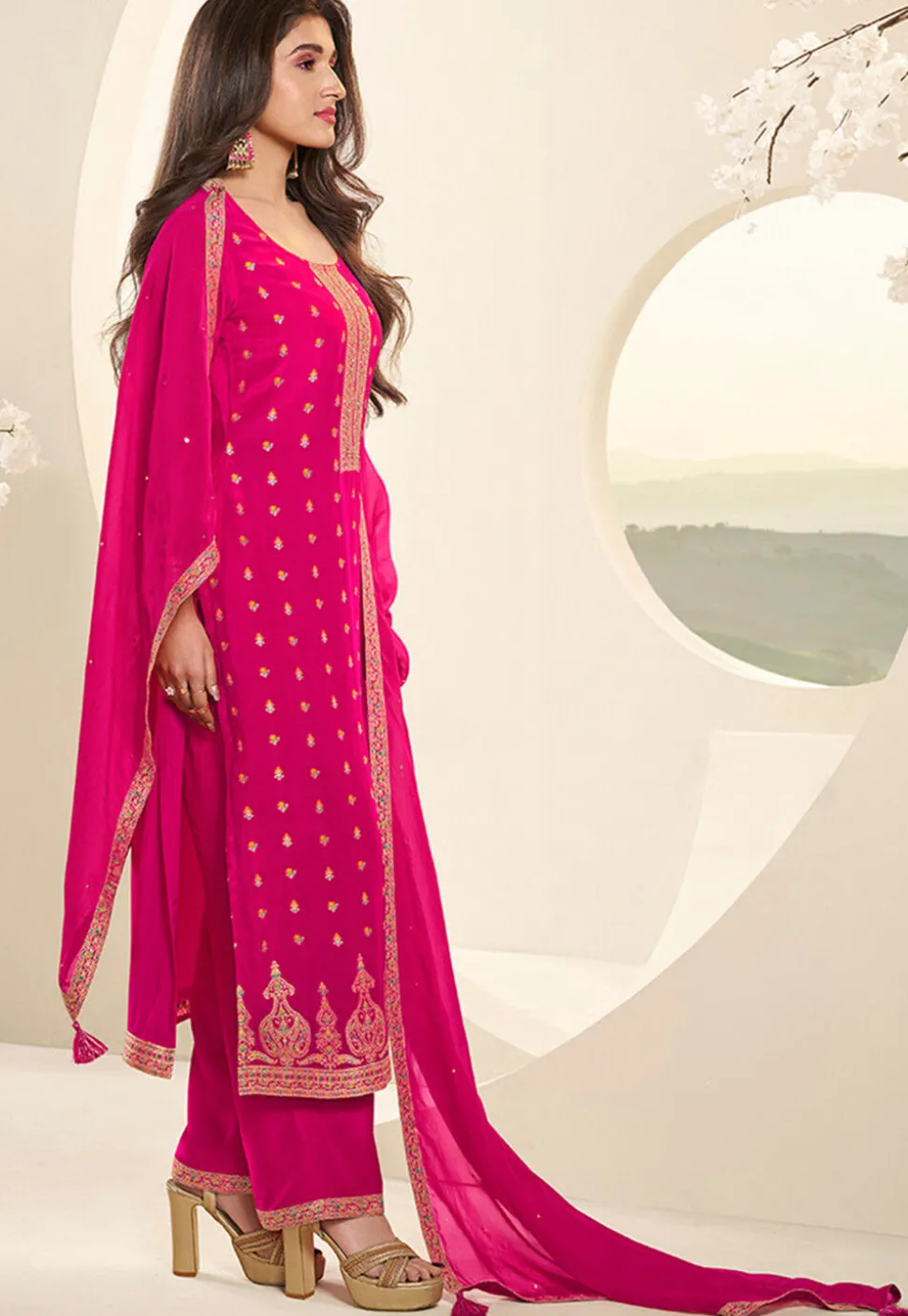 Woven Muslin Silk Pakistani Suit in Fuchsia