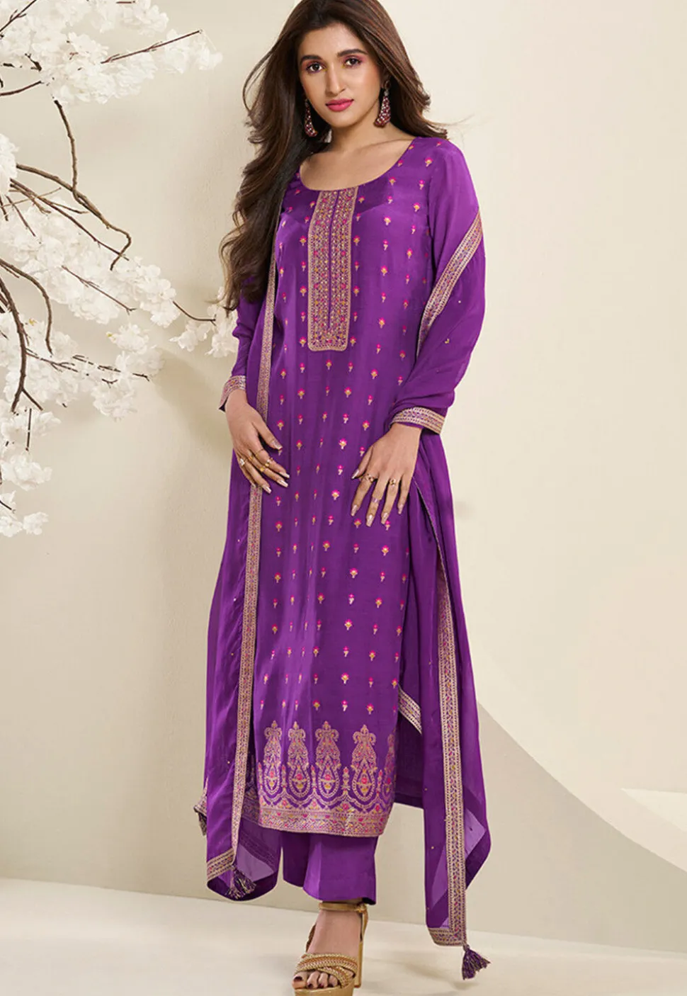Woven Muslin Silk Pakistani Suit in Purple