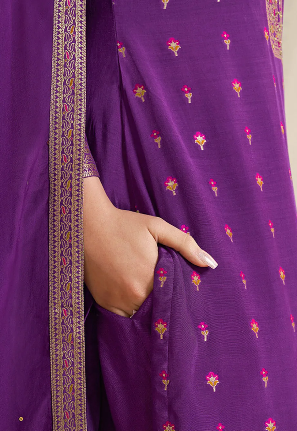 Woven Muslin Silk Pakistani Suit in Purple