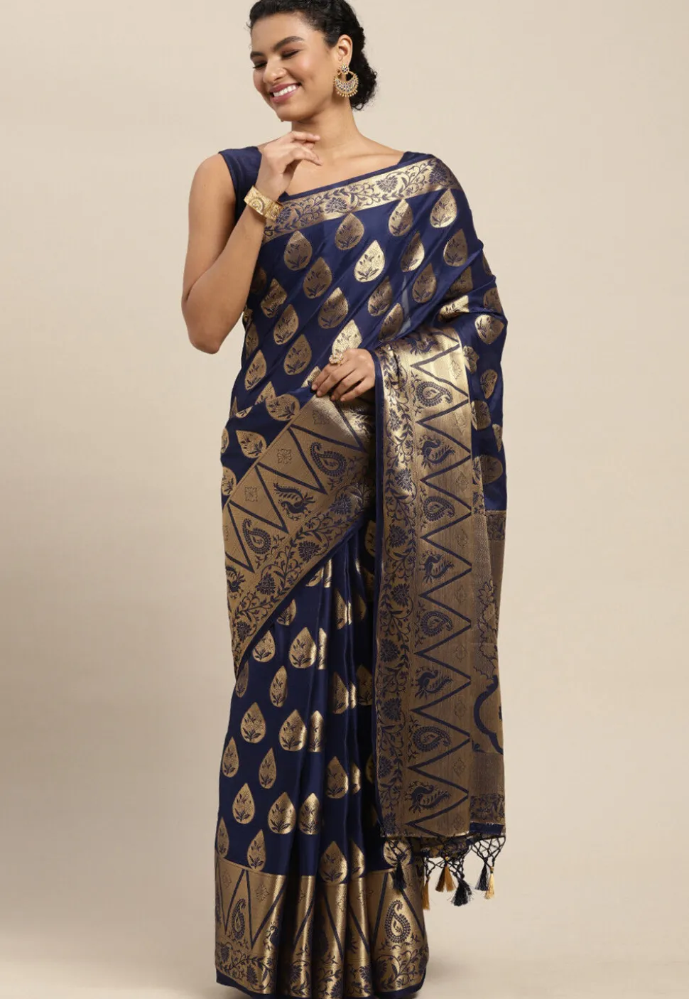 Woven Mysore Silk Saree in Navy Blue