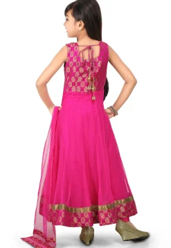 Woven Net Abaya Style Suit in Fuchsia