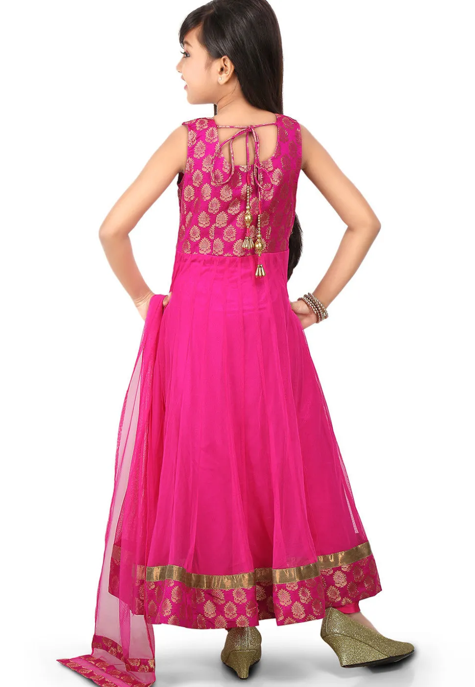 Woven Net Abaya Style Suit in Fuchsia