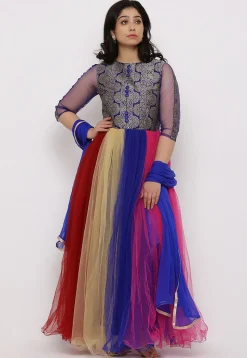 Woven Net Abaya Style Suit in Multicolor and Blue