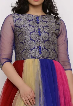 Woven Net Abaya Style Suit in Multicolor and Blue