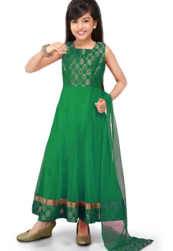 Woven Net Anarkali Suit in Green